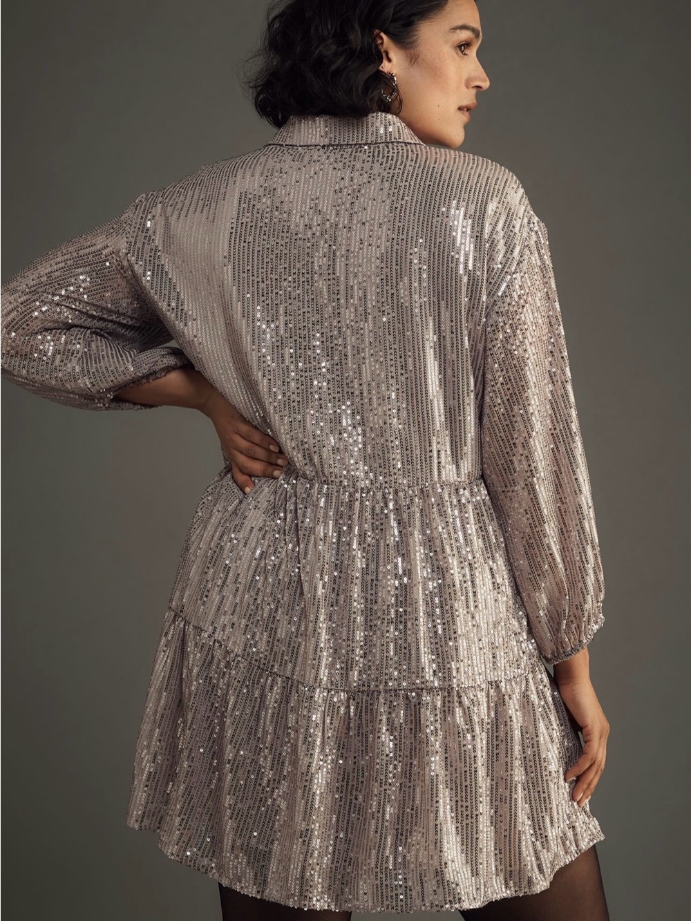 Anthropologie 2X NWT Maeve Rose Gold Sequin Tiered Shirt Dress - Picture 4 of 4